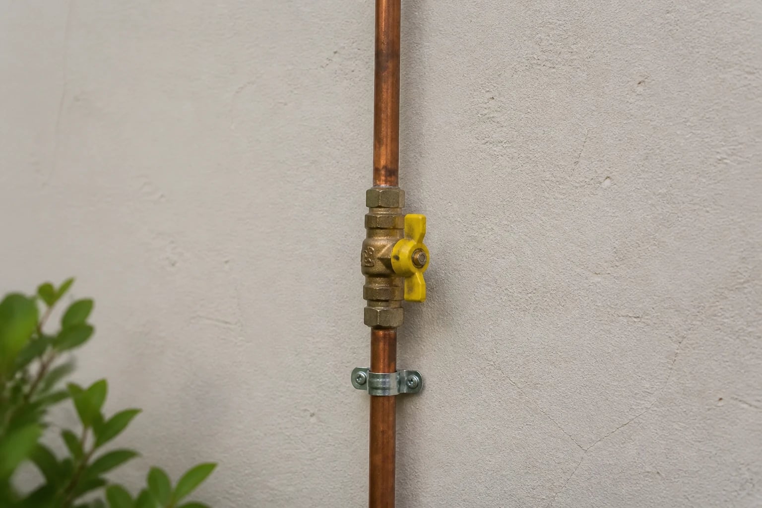 Yellow gas isolation valve fitted to a copper line on an exterior wall